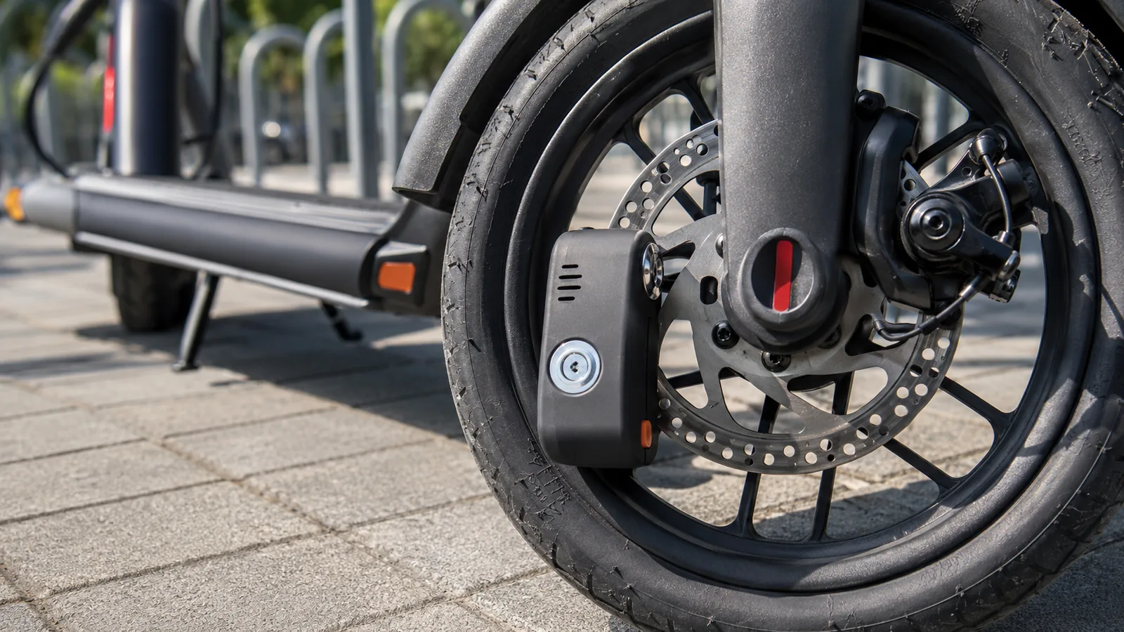 Candado de disco puesto en la rueda de un patinete eléctrico
